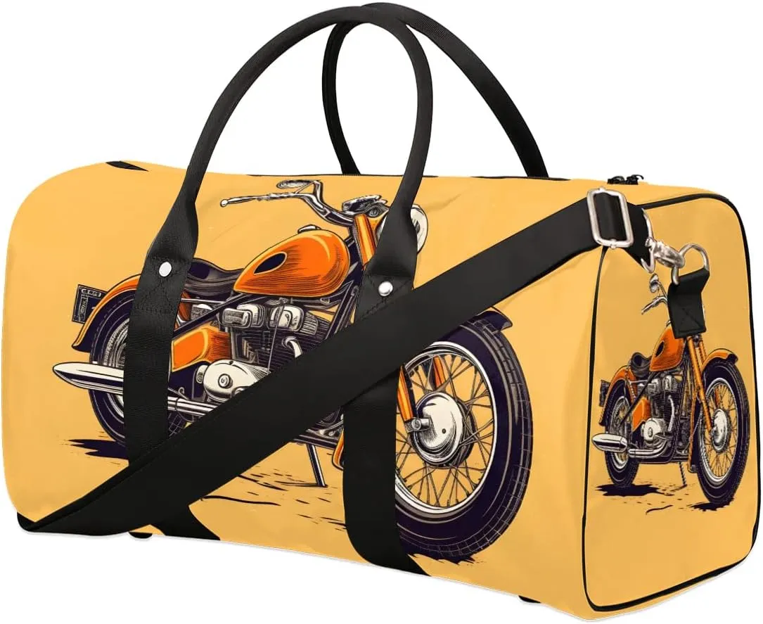 Orange Motorcycle Print Travel Duffel Bag for Women Men Waterproof Foldable Overnight Weekender Bag Large Capacity Sports Gym Bag