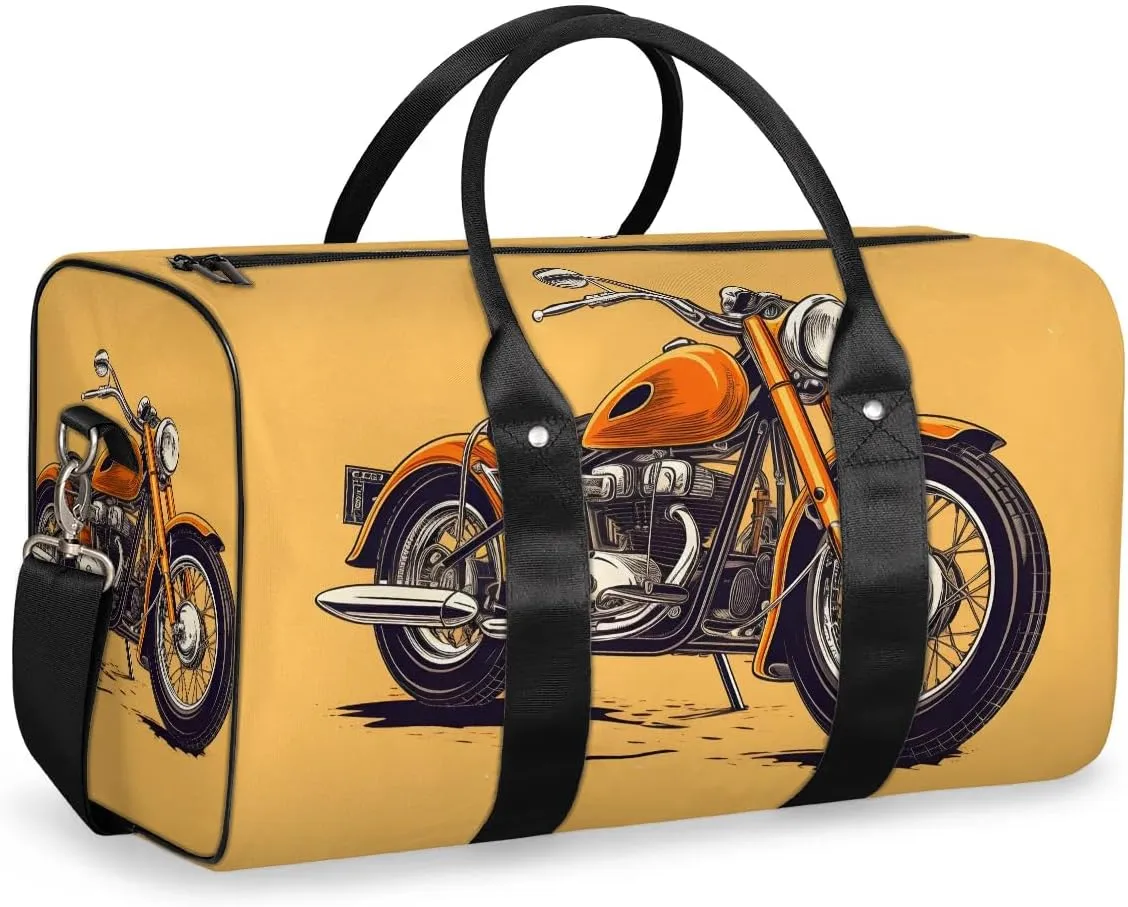 Orange Motorcycle Print Travel Duffel Bag for Women Men Waterproof Foldable Overnight Weekender Bag Large Capacity Sports Gym Bag