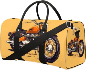 Orange Motorcycle Print Travel Duffel Bag for Women Men Waterproof Foldable Overnight Weekender Bag Large Capacity Sports Gym Bag