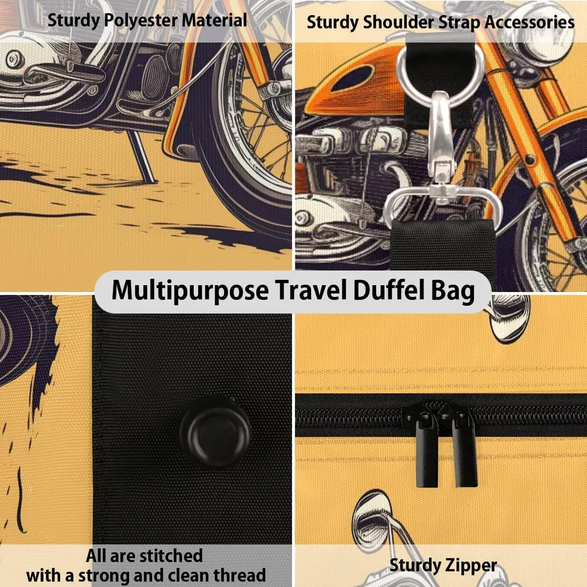 Orange Motorcycle Print Travel Duffel Bag for Women Men Waterproof Foldable Overnight Weekender Bag Large Capacity Sports Gym Bag