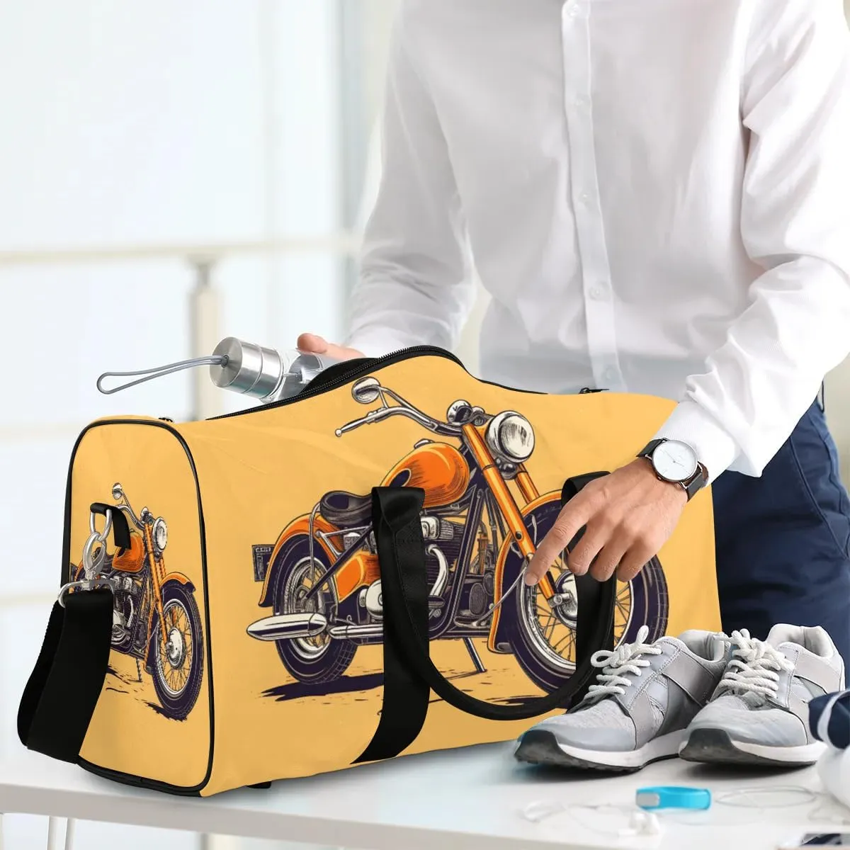 Orange Motorcycle Print Travel Duffel Bag for Women Men Waterproof Foldable Overnight Weekender Bag Large Capacity Sports Gym Bag