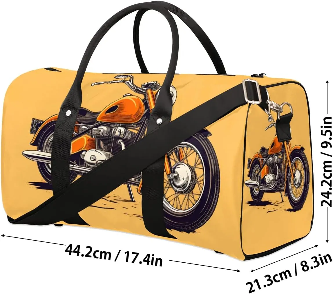 Orange Motorcycle Print Travel Duffel Bag for Women Men Waterproof Foldable Overnight Weekender Bag Large Capacity Sports Gym Bag