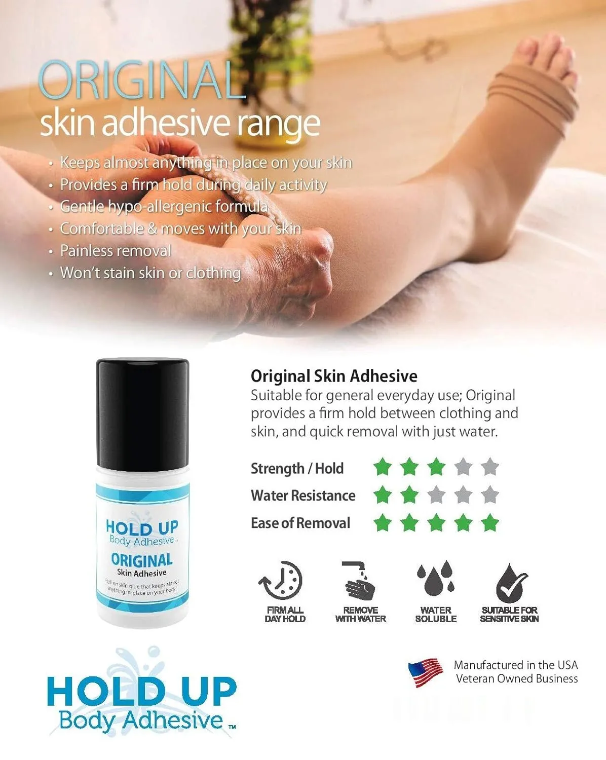Original Roll-On – Body Glue for Dancers, Skin Adhesive for Compression Stockings, Sock Glue for Costumes, Lingerie, Cosplay, Fashion & Support Wear – 2 oz Bottle