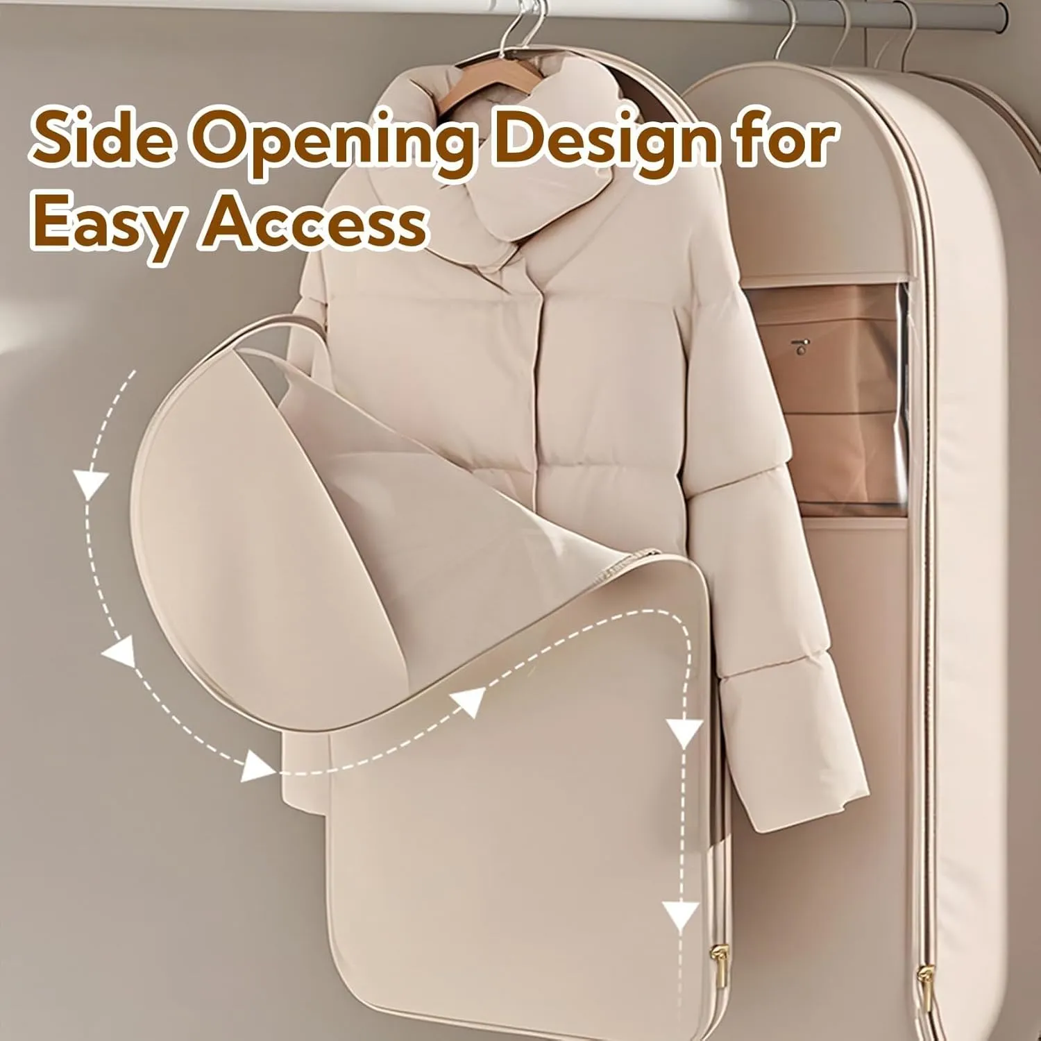 Otherwise Garment Bag, Otherwise Space Saving Hanging Garment Bag with Self Compression Zipper, Space Saving Hanging Protector, Winter Coat Storage, Heavy Duty Garment Bags (Beige,Medium)