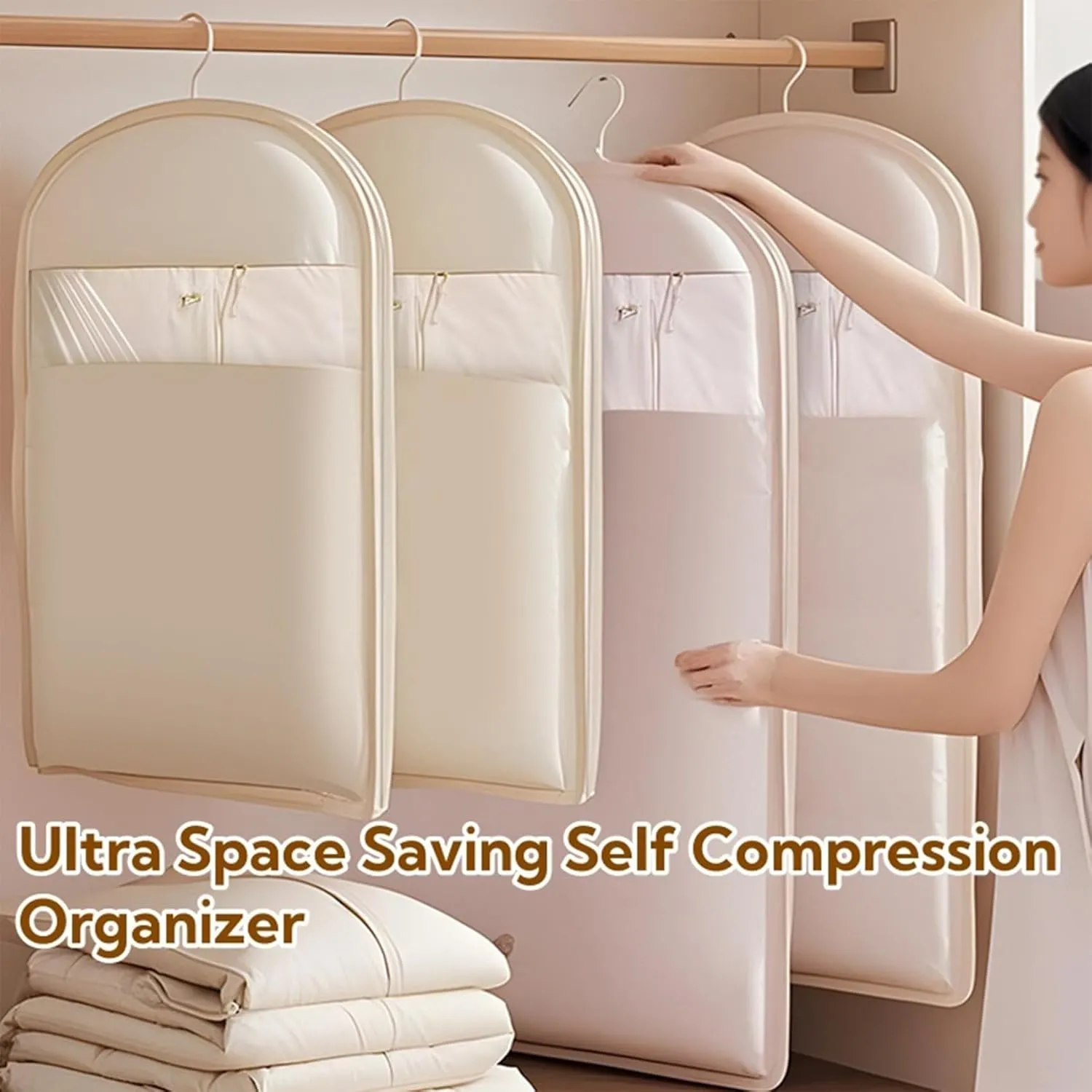 Otherwise Garment Bag, Otherwise Space Saving Hanging Garment Bag with Self Compression Zipper, Space Saving Hanging Protector, Winter Coat Storage, Heavy Duty Garment Bags (Beige,Medium)