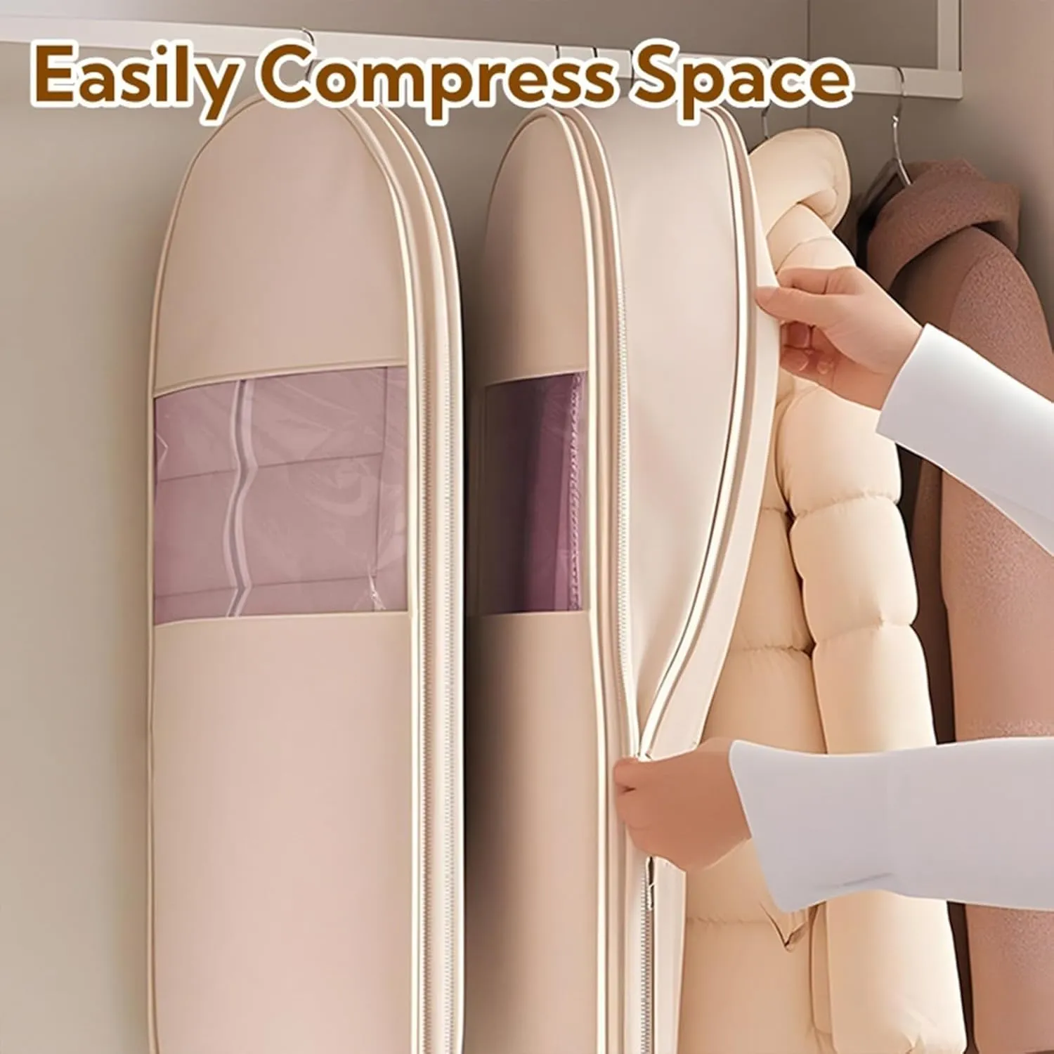 Otherwise Garment Bag, Otherwise Space Saving Hanging Garment Bag with Self Compression Zipper, Space Saving Hanging Protector, Winter Coat Storage, Heavy Duty Garment Bags (Beige,Medium)