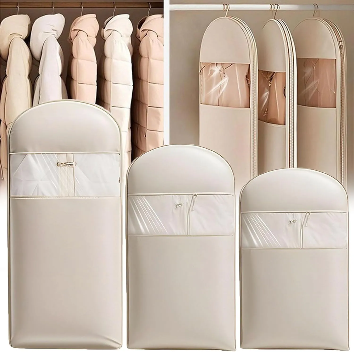 Otherwise Garment Bag, Space Saving Hanging Garment Bag with Self Compression Zipper, Dust Cover Clothes Bags for down Coat, Space Saving, Protects Clothes from Wrinkles (Beige, All Size-3Pcs)