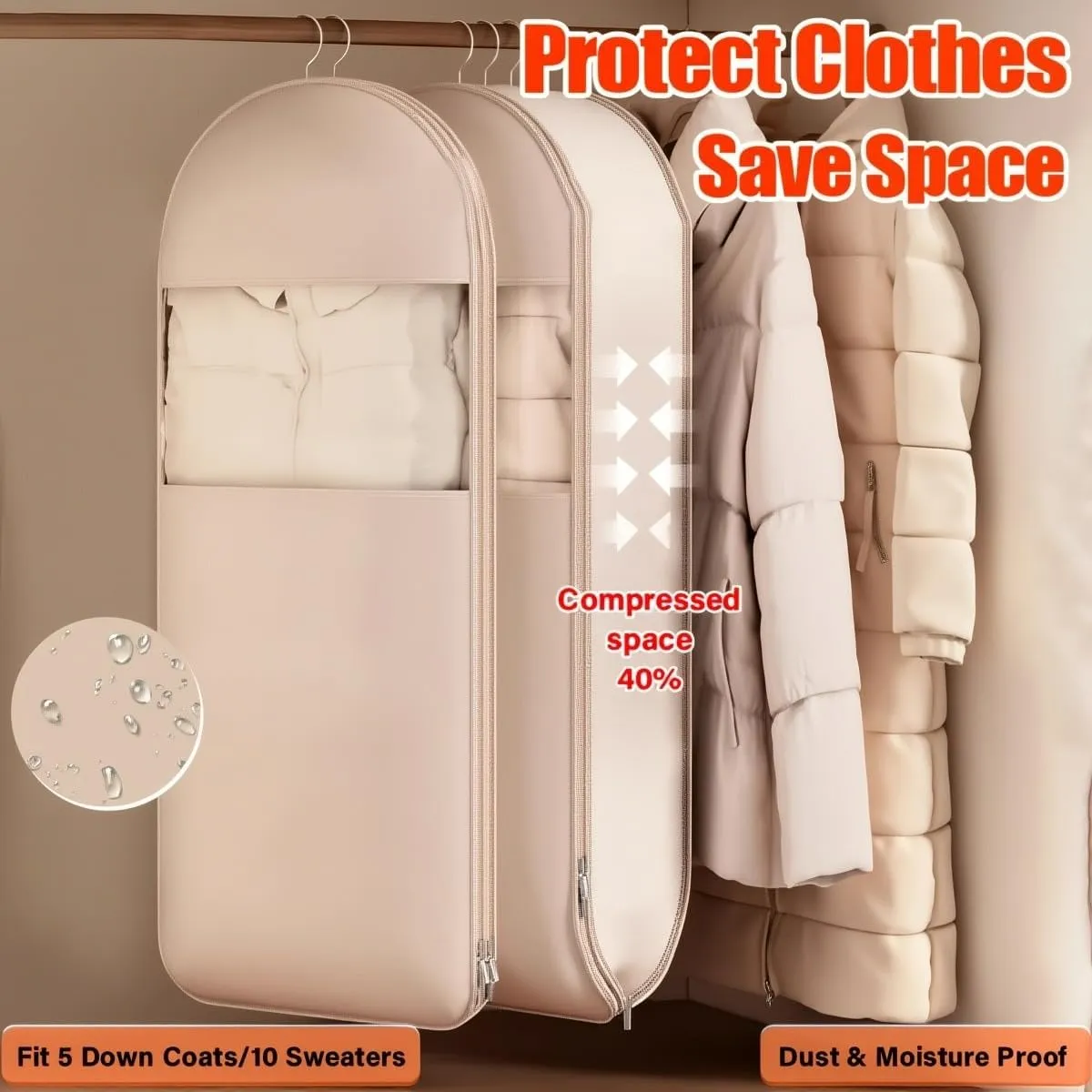 Otherwise Garment Bags, 2025 Space Saving Hanging Garment Bag with Self Compression Zipper, Dust Cover Clothes Bags for down Coat (Grey, L*2)