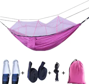 Outdoor Camping Hammock,Portable Double Hammock with Mosquito Net,Ultralight Sustainable Nylon Parachute Hammock Easy Assembly Pink 260x140cm