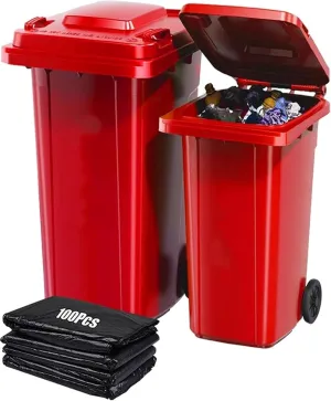 Outdoor Trash Cans Outdoor Garbage Can 18/22/27/53 Gallon Large Kitchen Trash Can Terrace Patio Garbage Can Outdoor Wheeled Trash Container with Lid ＆ 100-Pcs Storage Bag For Outdoor Backyard(Red,18 G