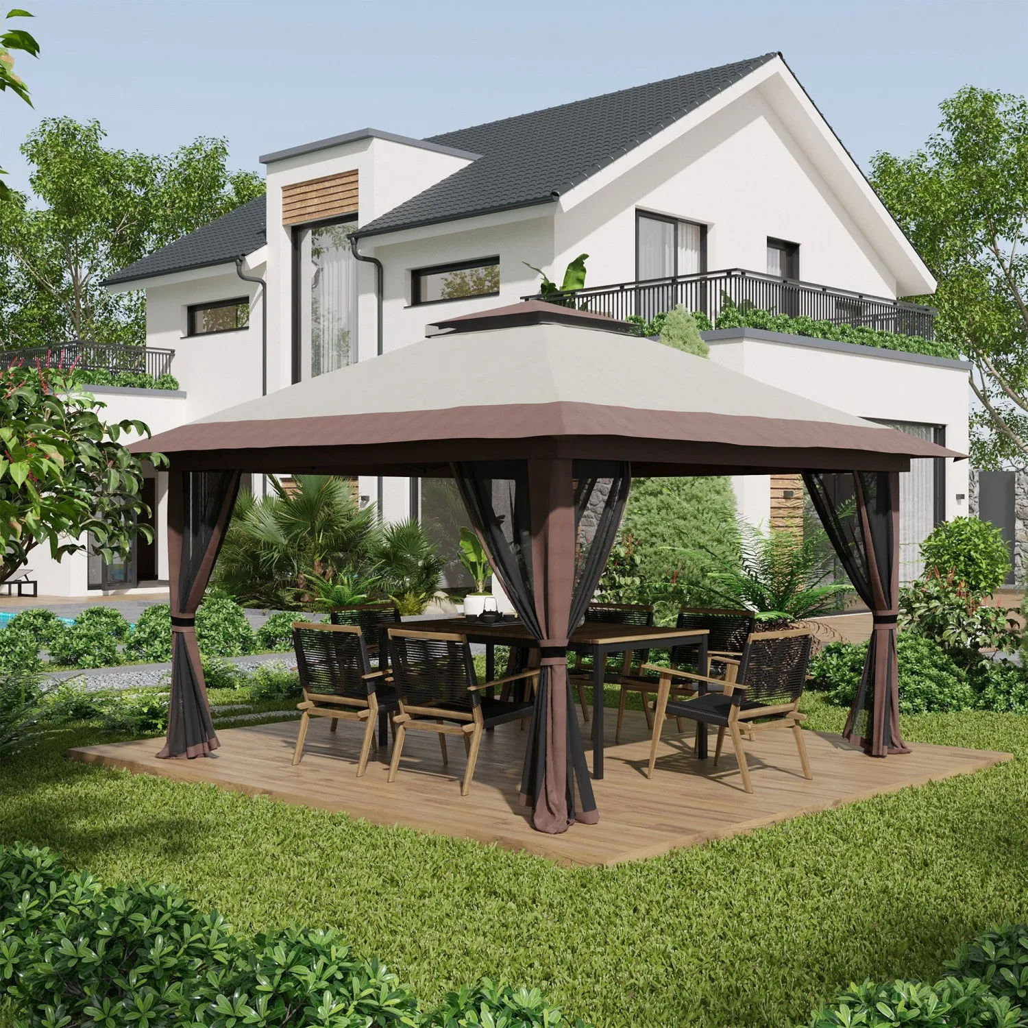 Outsunny 13' X 13' Pop Up Canopy With Mesh Sidewalls, Easy Up Canopy Tent Shelter With 2-tier Roof, |Outsunny 13' X 13' Pop Up Canopy Avec Parois Laterales En Maille, Abri De Tente A Canopy Facile Avec