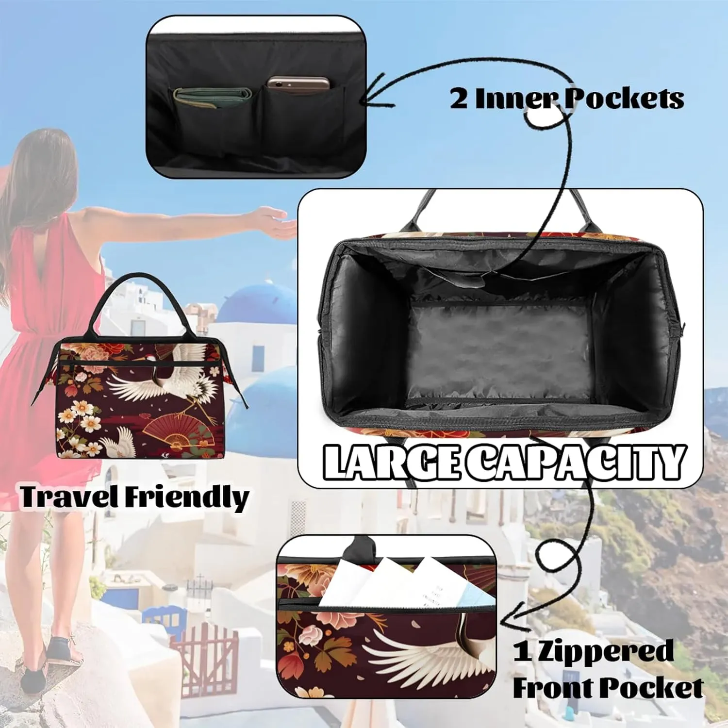 Overnight Weekender Bag for Women Men Japanese Pattern Traditional Waterproof Carry On Travel Duffel Bags with Zipper Lightweight Sports Gym Bag Luggage Workout Handle Bags for Traveling Yoga Camping
