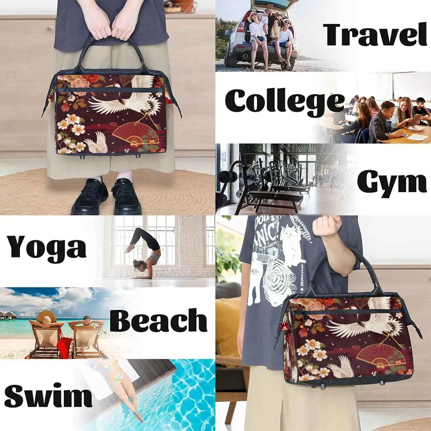 Overnight Weekender Bag for Women Men Japanese Pattern Traditional Waterproof Carry On Travel Duffel Bags with Zipper Lightweight Sports Gym Bag Luggage Workout Handle Bags for Traveling Yoga Camping