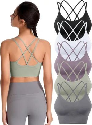 Padded Sports Bras for Women Strappy Cross Back Yoga Bras Pack for Workout Fitness Running Gym Low Impact Top