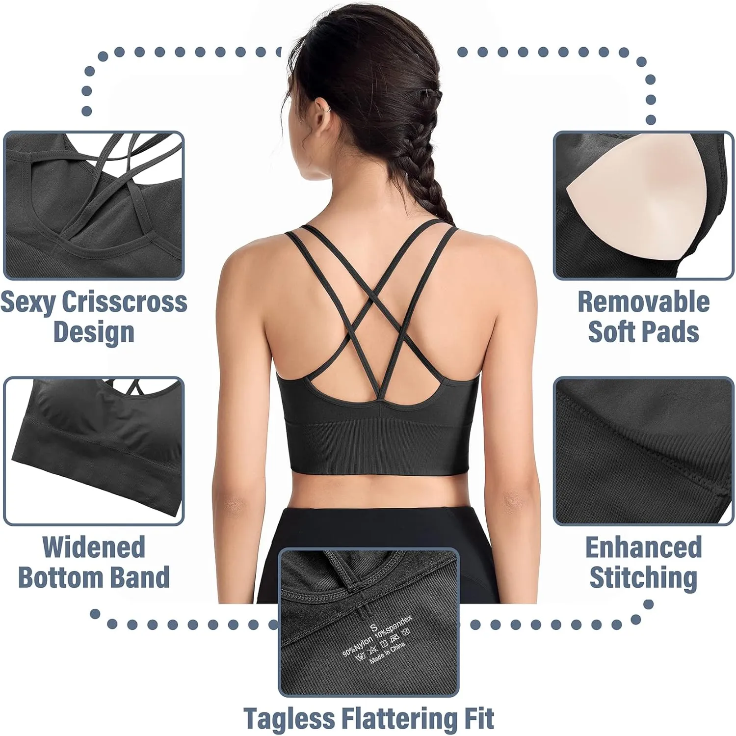 Padded Sports Bras for Women Strappy Cross Back Yoga Bras Pack for Workout Fitness Running Gym Low Impact Top