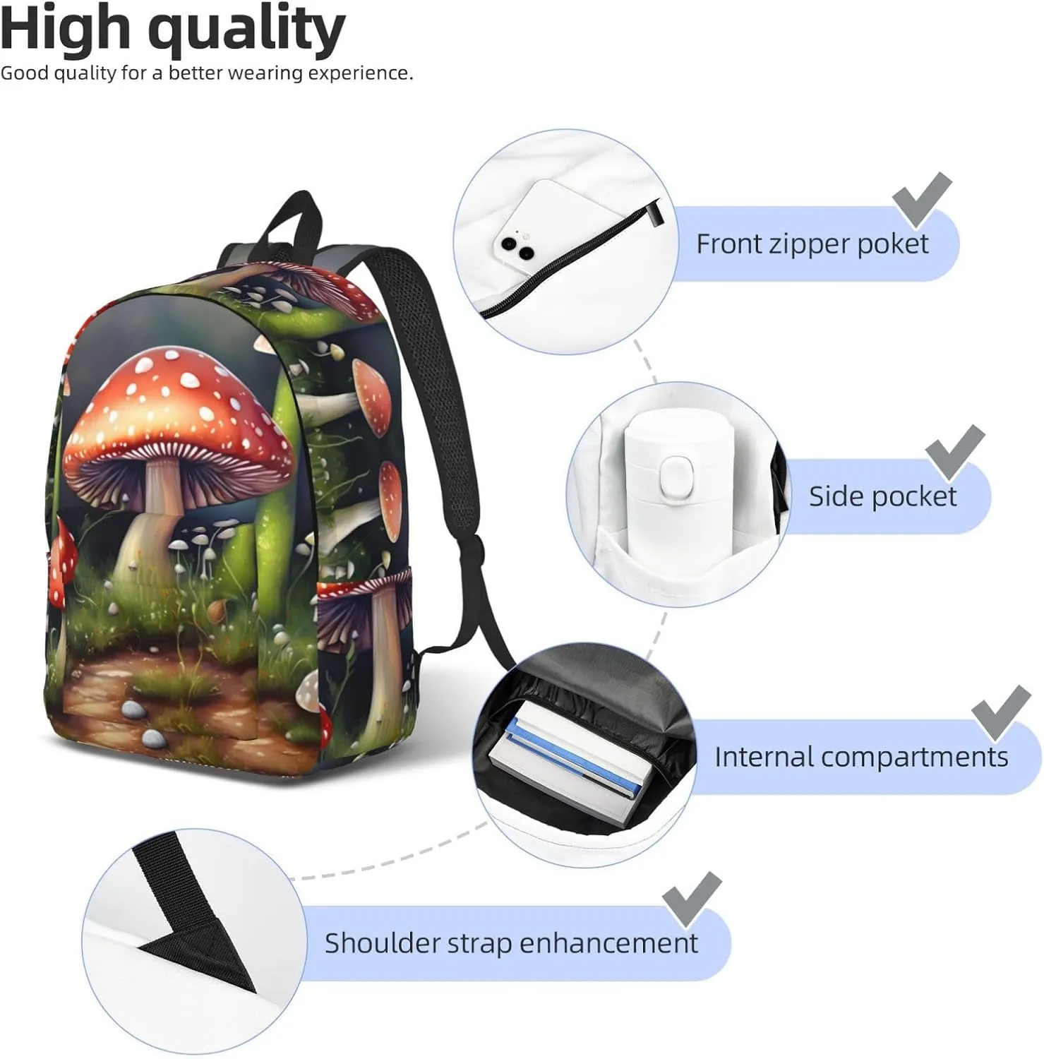 Painting Mushroom Canvas Backpack For Men Women,Casual Rucksack Backpack, Laptop College Hiking Travel Bag