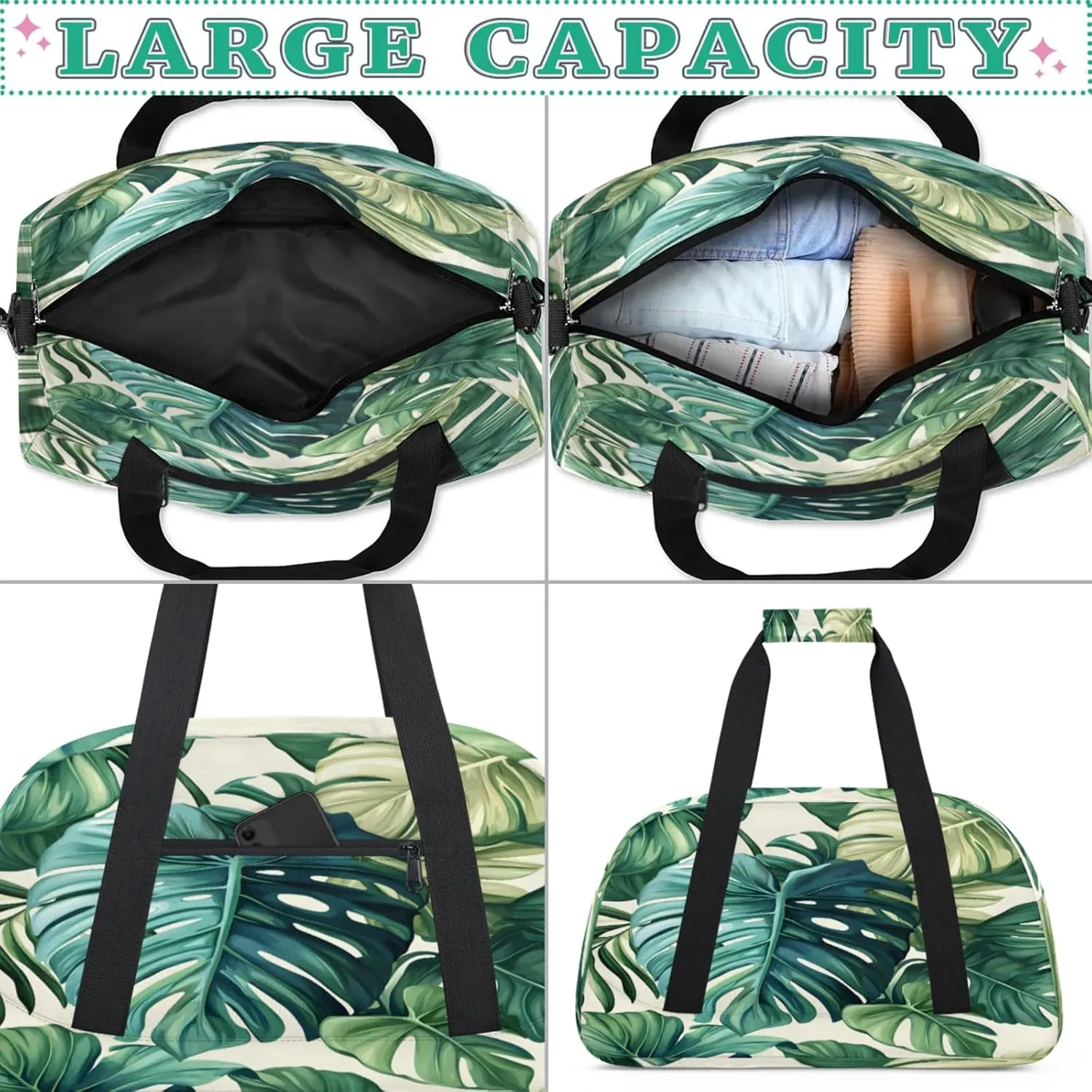 Palm Leaves Small Gym Bag for Women Men, Tropical Travel Duffle Bag Workout Dance Tote Bag Carry On Overnight Weekender Bag