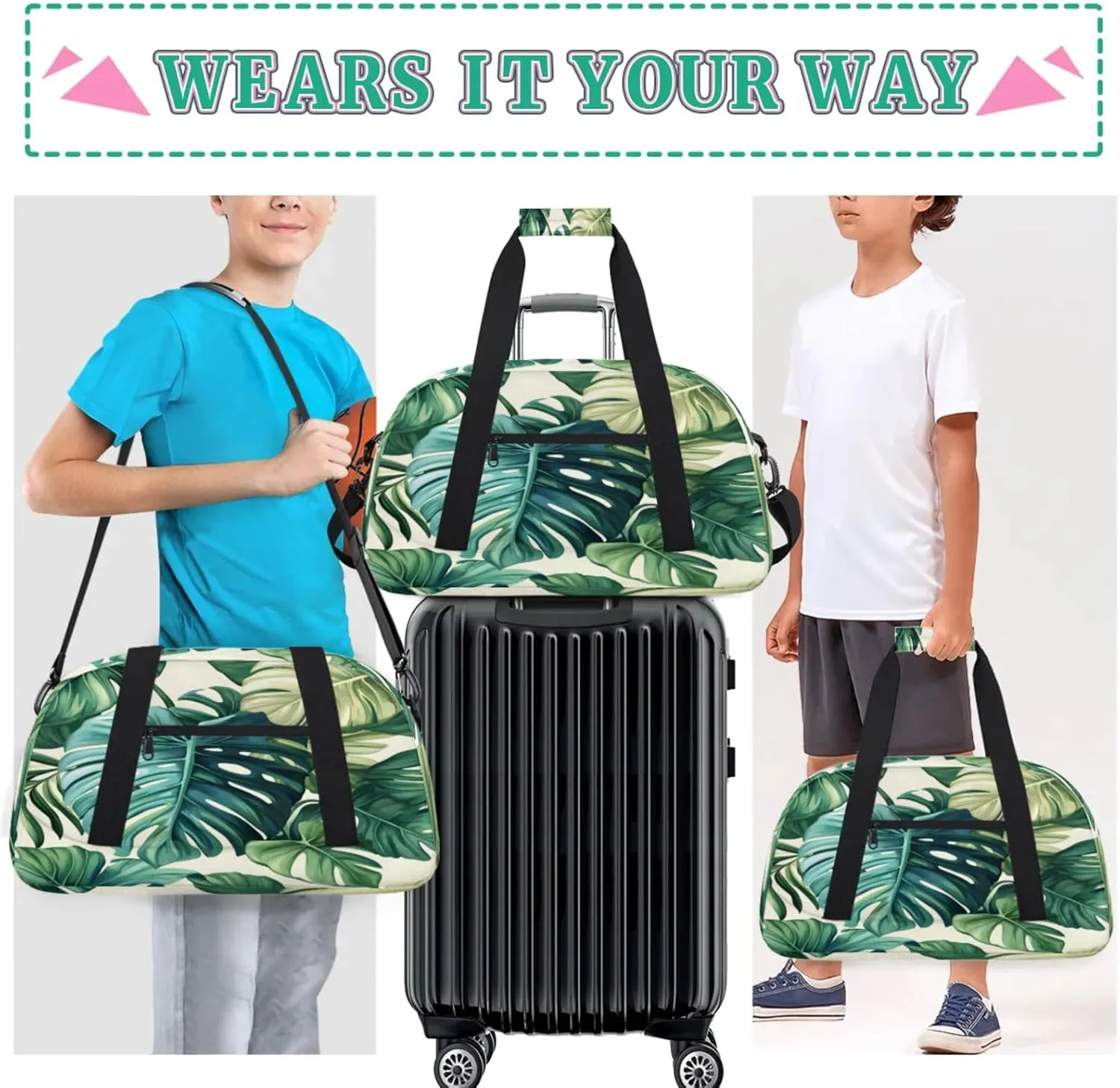 Palm Leaves Small Gym Bag for Women Men, Tropical Travel Duffle Bag Workout Dance Tote Bag Carry On Overnight Weekender Bag
