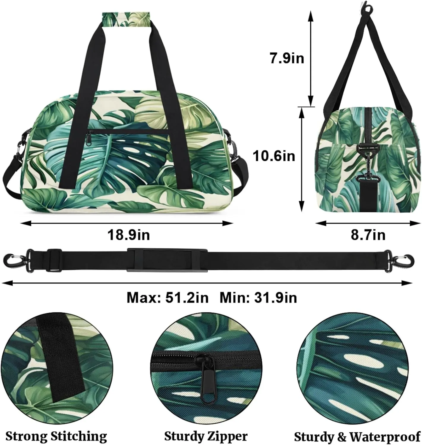 Palm Leaves Small Gym Bag for Women Men, Tropical Travel Duffle Bag Workout Dance Tote Bag Carry On Overnight Weekender Bag