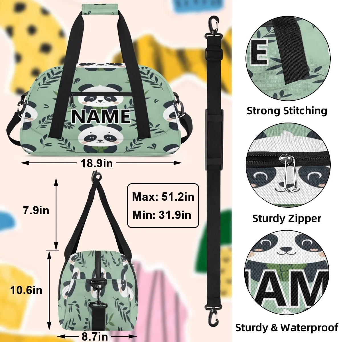 Panda Mini Gym Bag 18 inch for Women Men Waterproof Custom Cute Travel Duffel Bag Carry On Overnight Tote Nurse Bag for Work Fitness Hiking