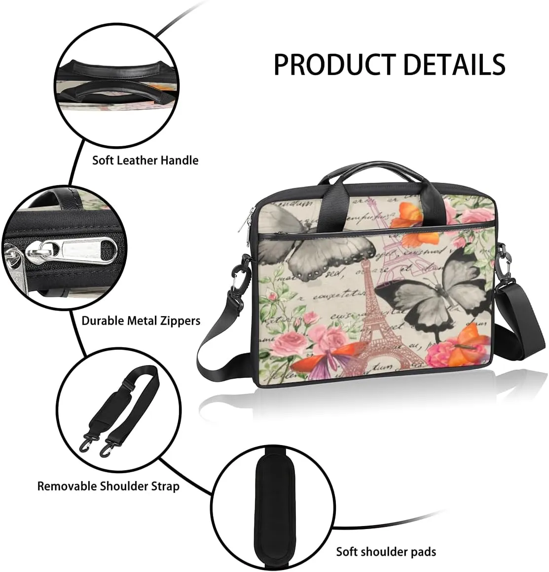 Paris Butterflys Laptop Bag for Men Women 13-15 Inch Case Bags Sleeve Shoulder with Anti Slip Removable The Pad Straps