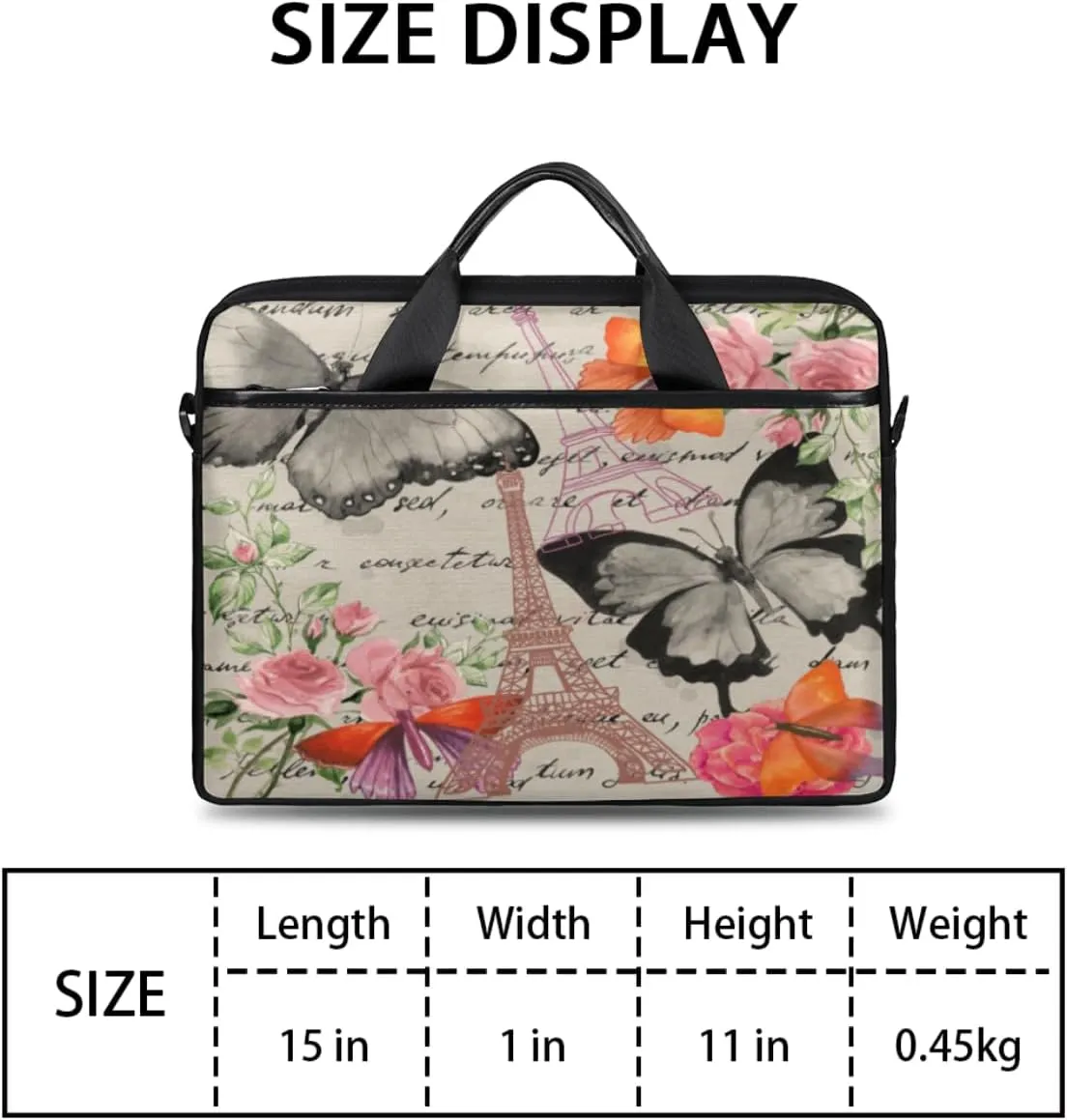 Paris Butterflys Laptop Bag for Men Women 13-15 Inch Case Bags Sleeve Shoulder with Anti Slip Removable The Pad Straps