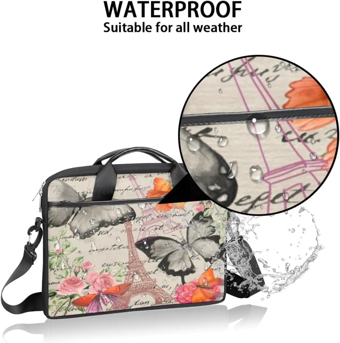 Paris Butterflys Laptop Bag for Men Women 13-15 Inch Case Bags Sleeve Shoulder with Anti Slip Removable The Pad Straps