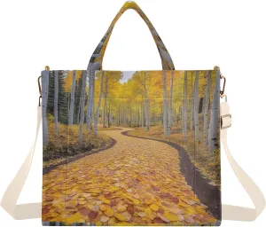 Path Fall Leaves Tote Bag for Women Handbag Nurse Bags Corduroy Crossbody Purse Shoulder Bag for Woman College