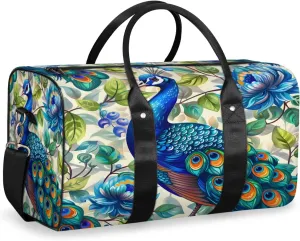 Peacock Travel Duffle Bag, Sports Gym Bags for Women Men, Carry On Weekender Overnight Bag, Blue Beautiful Bird Flower Workout Hospital Airplane Trips Bag