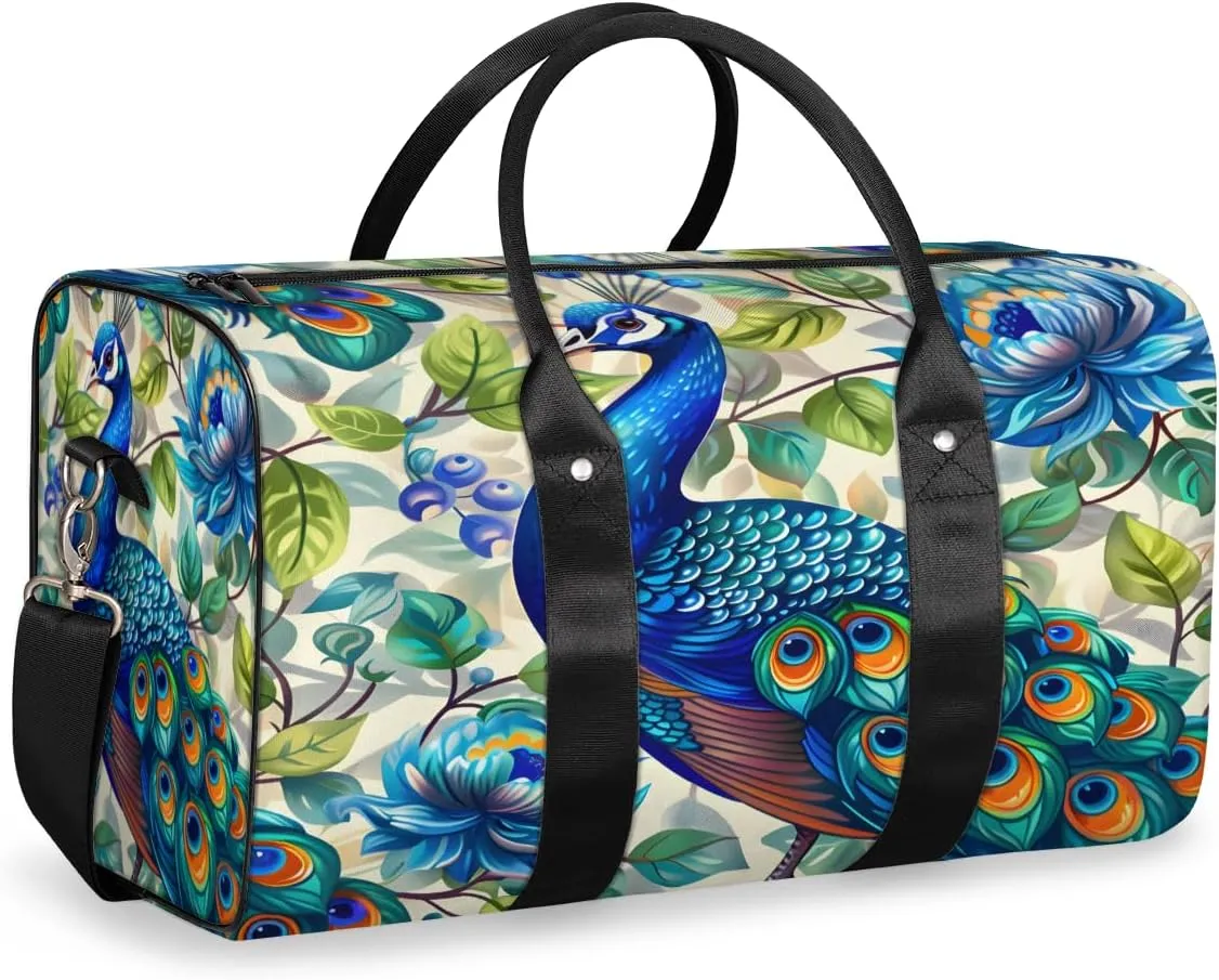 Peacock Travel Duffle Bag, Sports Gym Bags for Women Men, Carry On Weekender Overnight Bag, Blue Beautiful Bird Flower Workout Hospital Airplane Trips Bag