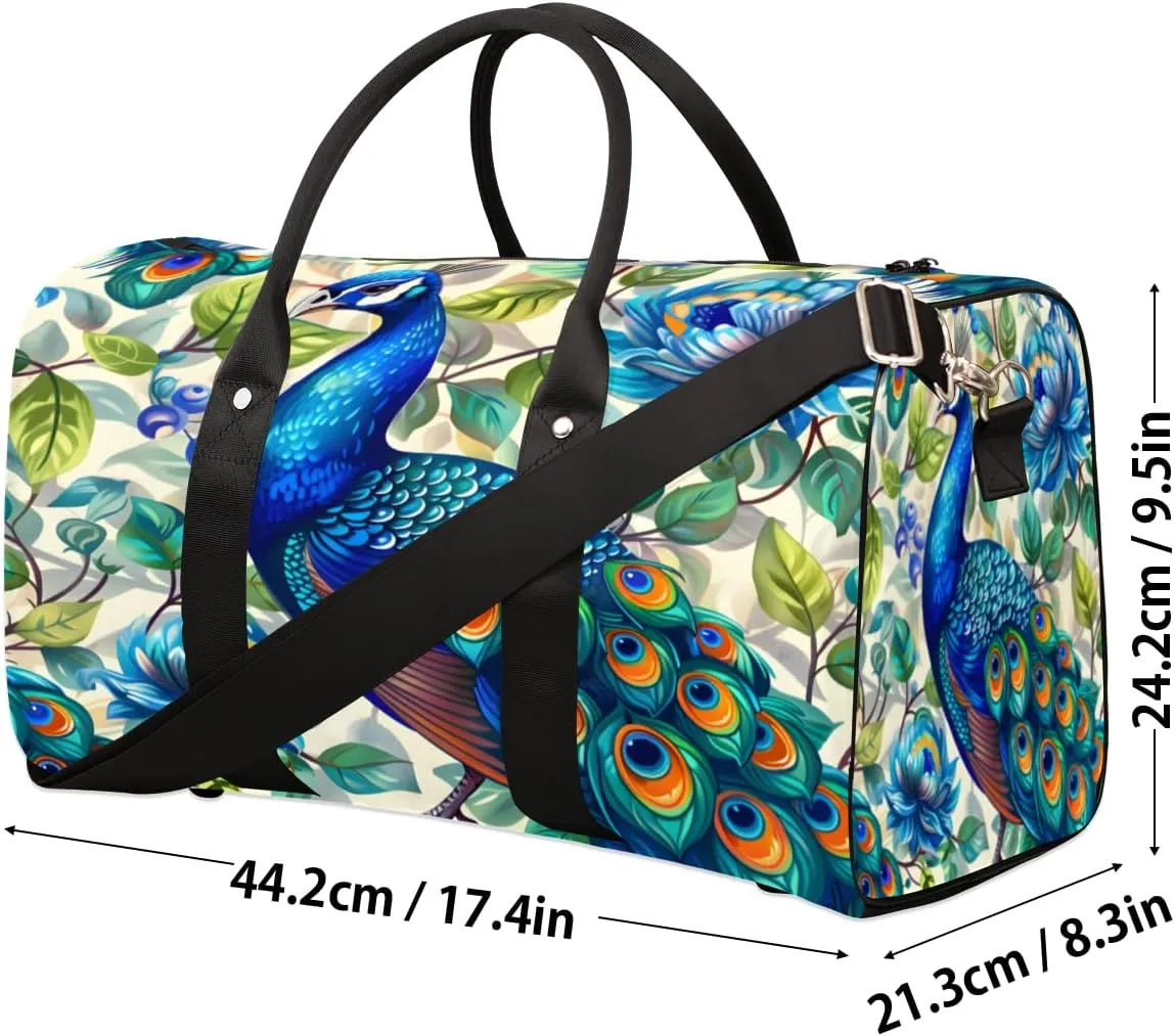 Peacock Travel Duffle Bag, Sports Gym Bags for Women Men, Carry On Weekender Overnight Bag, Blue Beautiful Bird Flower Workout Hospital Airplane Trips Bag