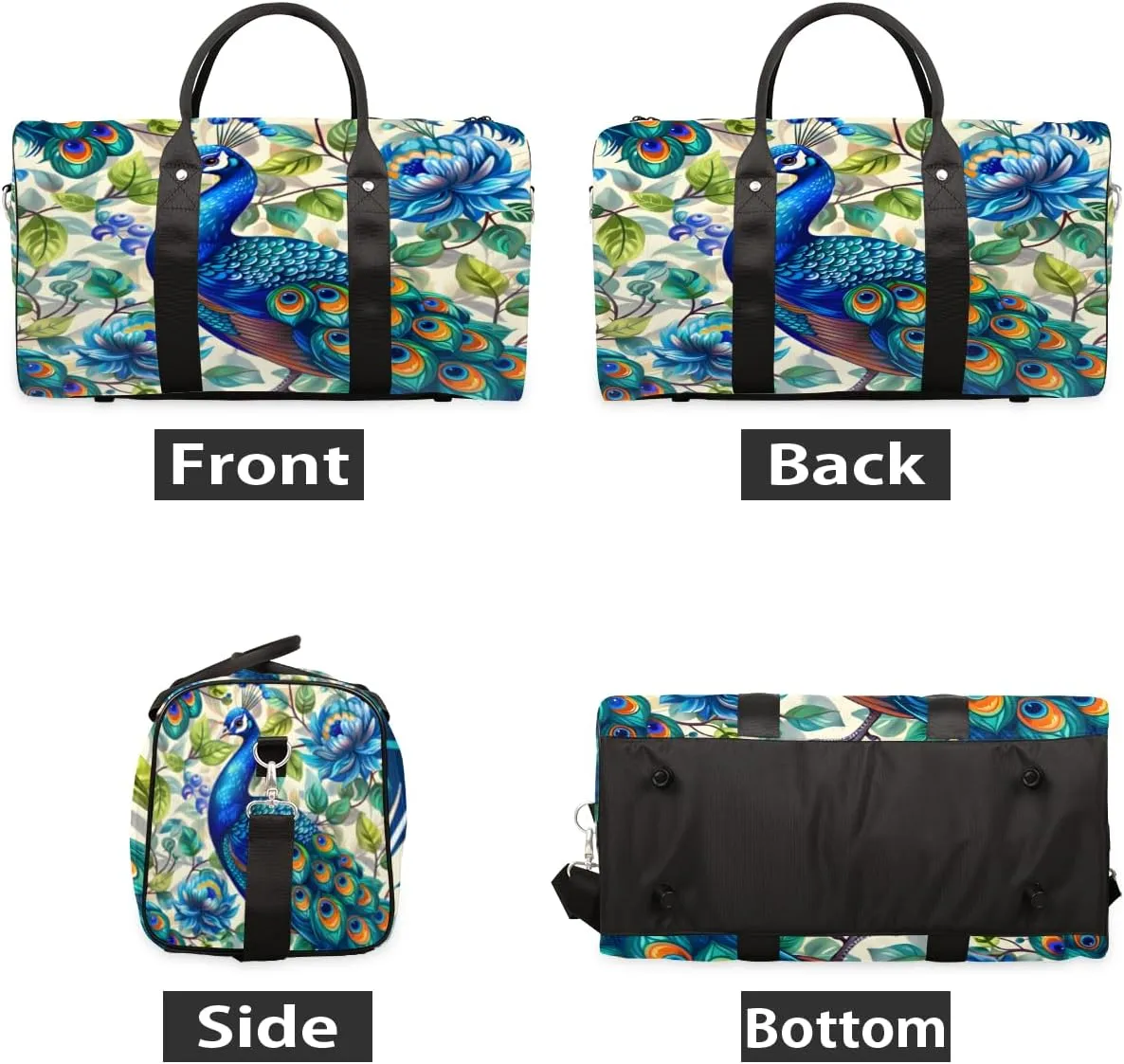 Peacock Travel Duffle Bag, Sports Gym Bags for Women Men, Carry On Weekender Overnight Bag, Blue Beautiful Bird Flower Workout Hospital Airplane Trips Bag
