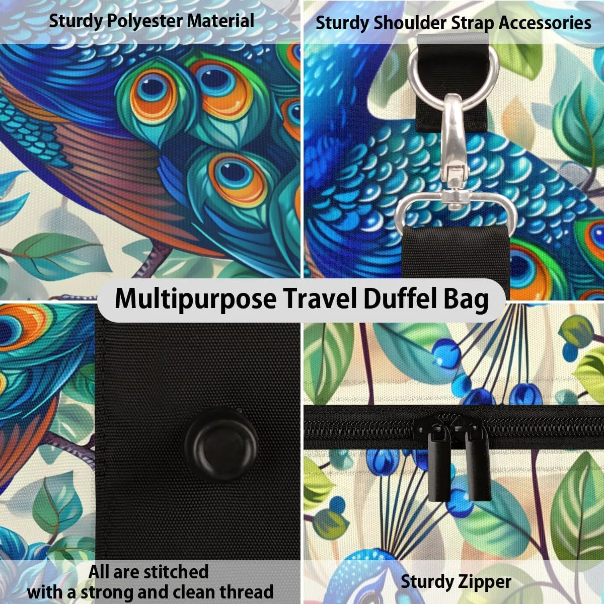 Peacock Travel Duffle Bag, Sports Gym Bags for Women Men, Carry On Weekender Overnight Bag, Blue Beautiful Bird Flower Workout Hospital Airplane Trips Bag