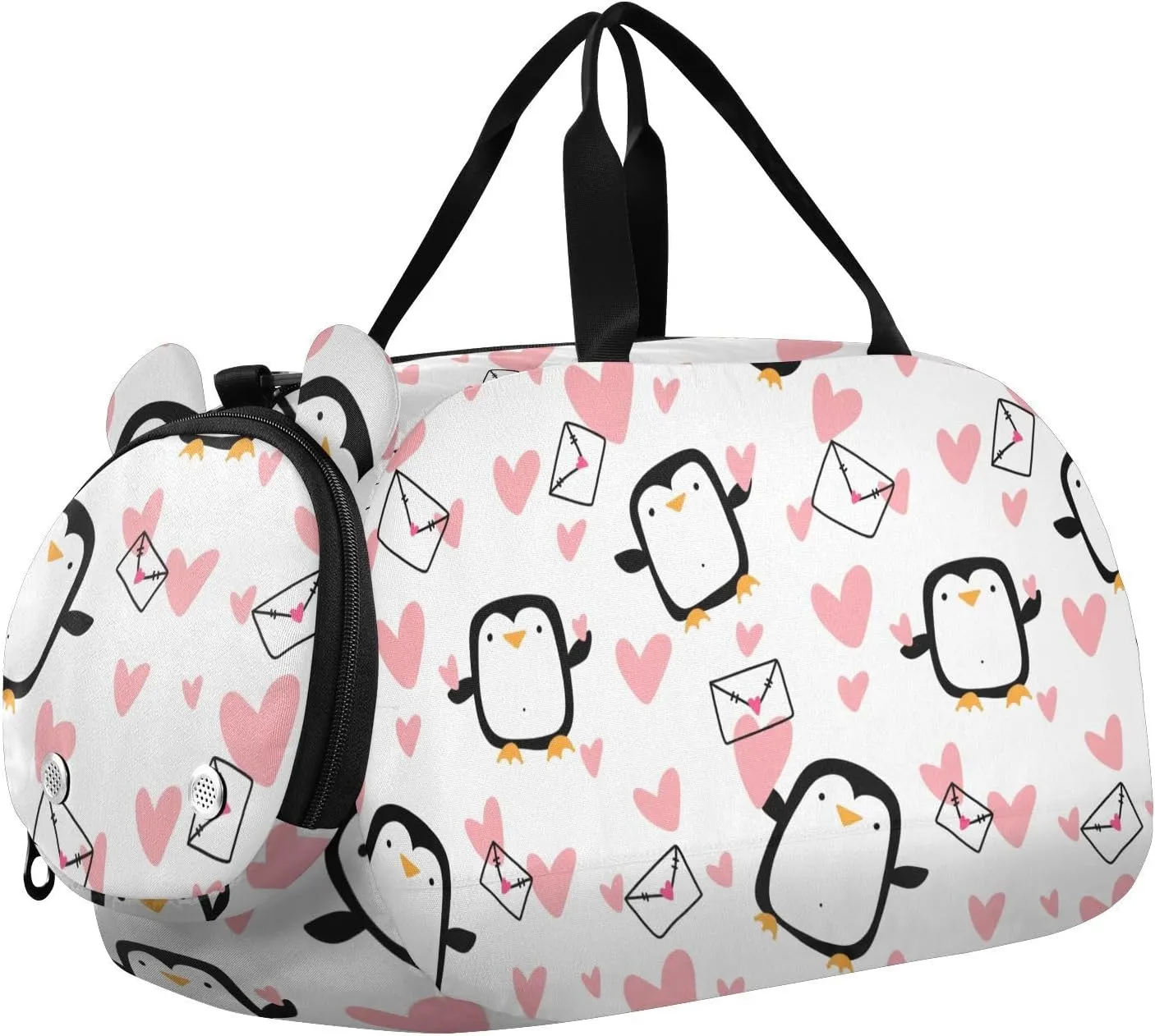 Penguin and Love Hearts Duffel Bags for Boys Small Gym Bags for Teens Dance Bag for Girls