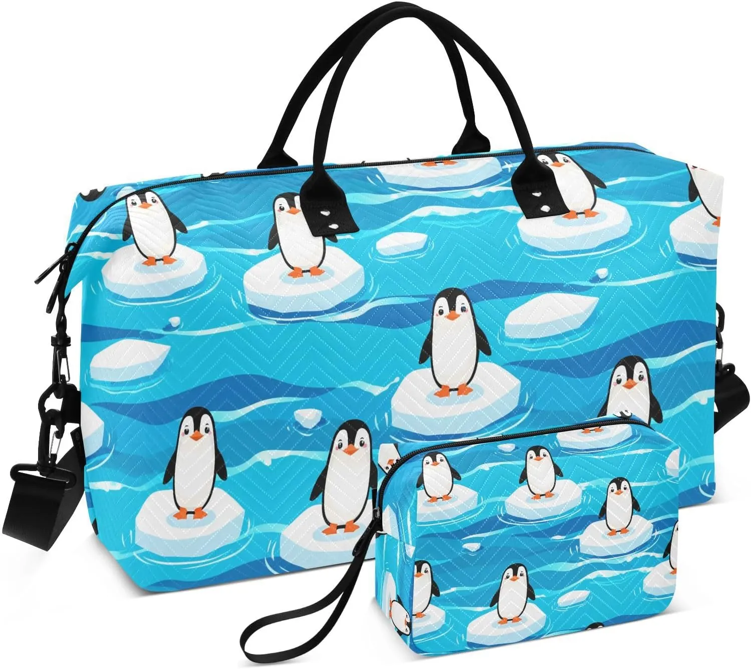 Penguin Iceberg Floating Sports Gym Bag for Women Men Travel Duffel Bag Weekend Overnight Carry on Bag with Toiletry Bag Air Travel Bag for Plane Hospital Swimming Yoga Workout