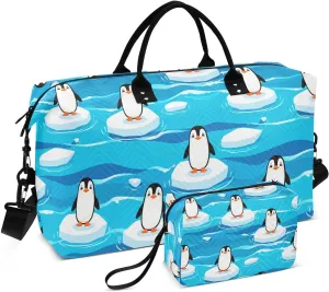 Penguin Iceberg Floating Sports Gym Bag for Women Men Travel Duffel Bag Weekend Overnight Carry on Bag with Toiletry Bag Air Travel Bag for Plane Hospital Swimming Yoga Workout