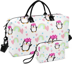 Penguin Rainbow Hearts White Sports Gym Bag for Women Men Travel Duffel Bag Weekend Overnight Carry on Bag with Toiletry Bag for Workout Swimming Yoga Plane