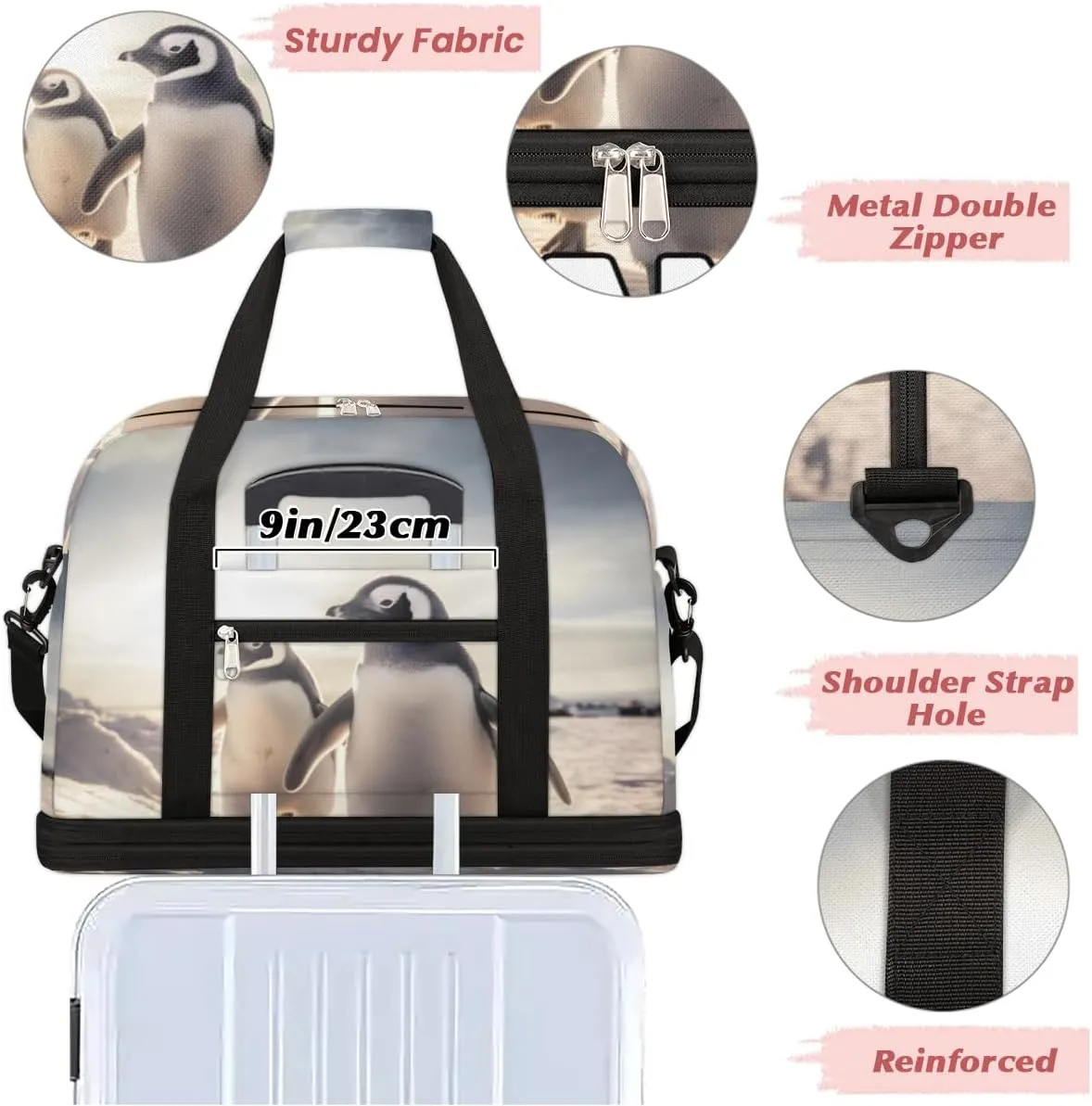 Penguin Theme Custom Foldable Duffle Bag with Shoes Compartment Personalized Large Capacity Waterproof Travel Weekender Bag Overnight Bag for Sports Gym