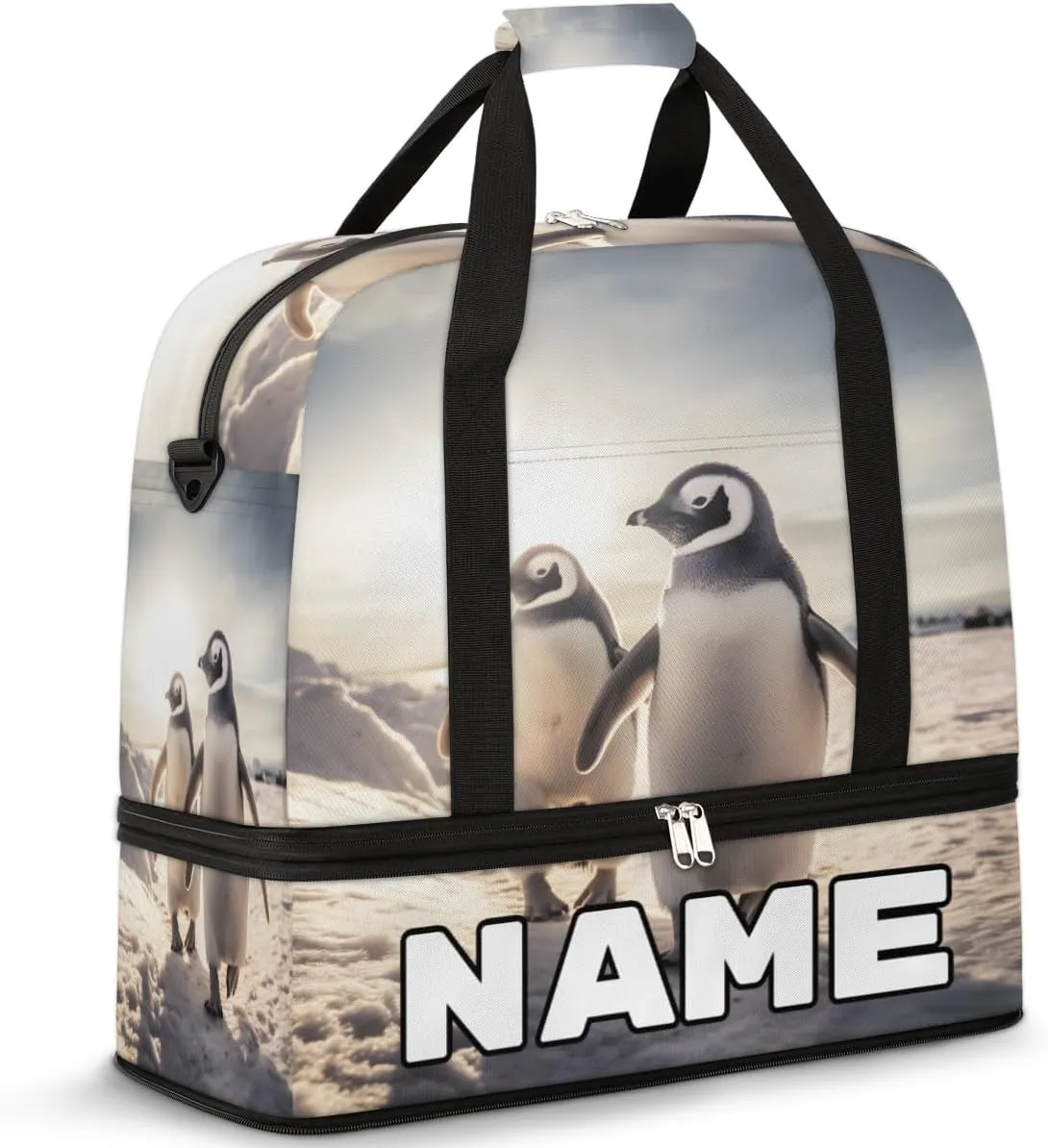 Penguin Theme Custom Foldable Duffle Bag with Shoes Compartment Personalized Large Capacity Waterproof Travel Weekender Bag Overnight Bag for Sports Gym
