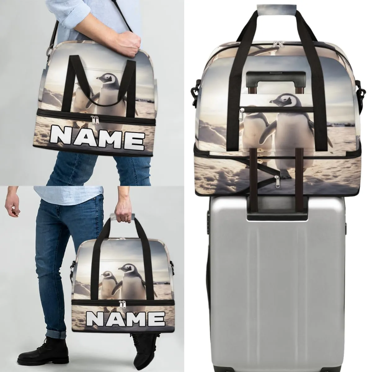 Penguin Theme Custom Foldable Duffle Bag with Shoes Compartment Personalized Large Capacity Waterproof Travel Weekender Bag Overnight Bag for Sports Gym