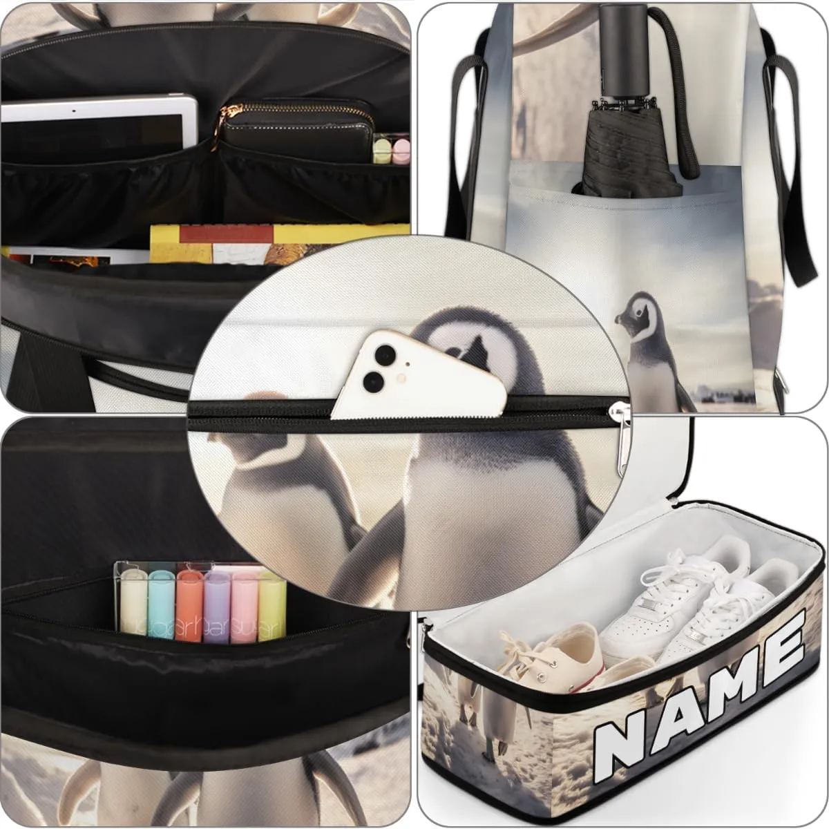Penguin Theme Custom Foldable Duffle Bag with Shoes Compartment Personalized Large Capacity Waterproof Travel Weekender Bag Overnight Bag for Sports Gym