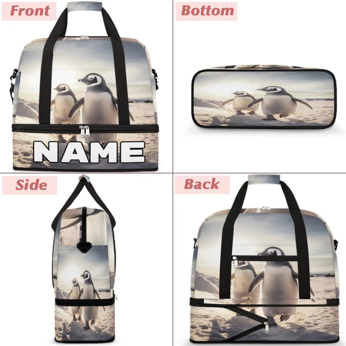 Penguin Theme Custom Foldable Duffle Bag with Shoes Compartment Personalized Large Capacity Waterproof Travel Weekender Bag Overnight Bag for Sports Gym