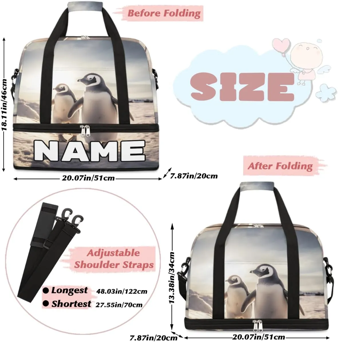 Penguin Theme Custom Foldable Duffle Bag with Shoes Compartment Personalized Large Capacity Waterproof Travel Weekender Bag Overnight Bag for Sports Gym