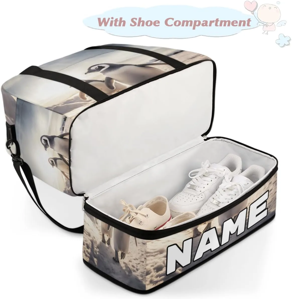 Penguin Theme Custom Foldable Duffle Bag with Shoes Compartment Personalized Large Capacity Waterproof Travel Weekender Bag Overnight Bag for Sports Gym