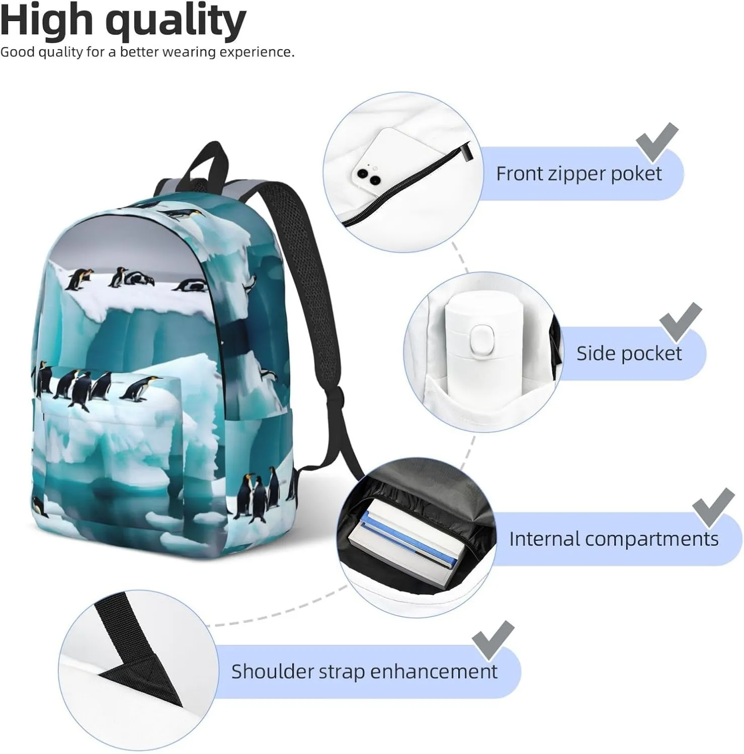 Penguins On The Iceberg Canvas Backpack For Men Women,Casual Rucksack Backpack, Laptop College Hiking Travel Bag