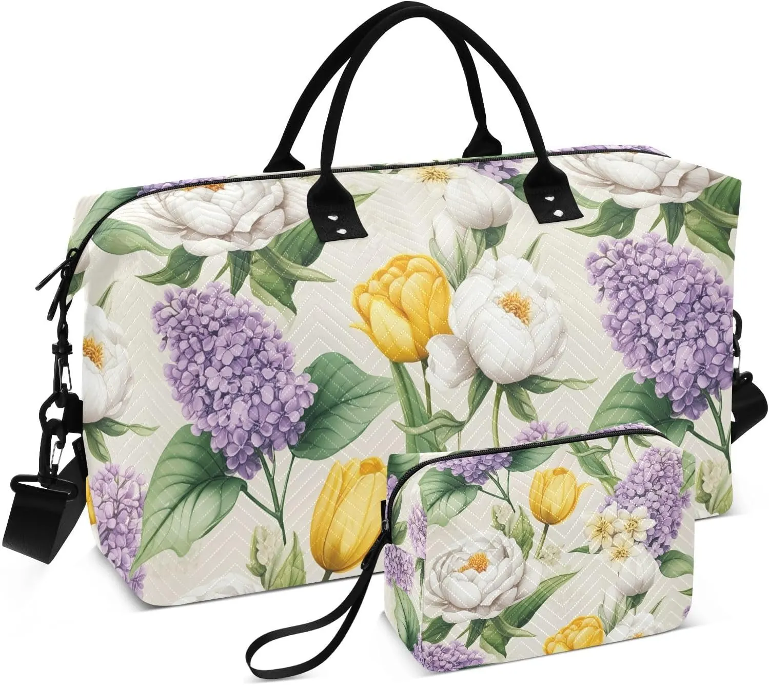 Peonies Tulips Lilacs Beige Sports Gym Bag for Women Men Travel Duffel Bag Weekend Overnight Carry on Bag with Toiletry Bag for Plane Swimming Yoga