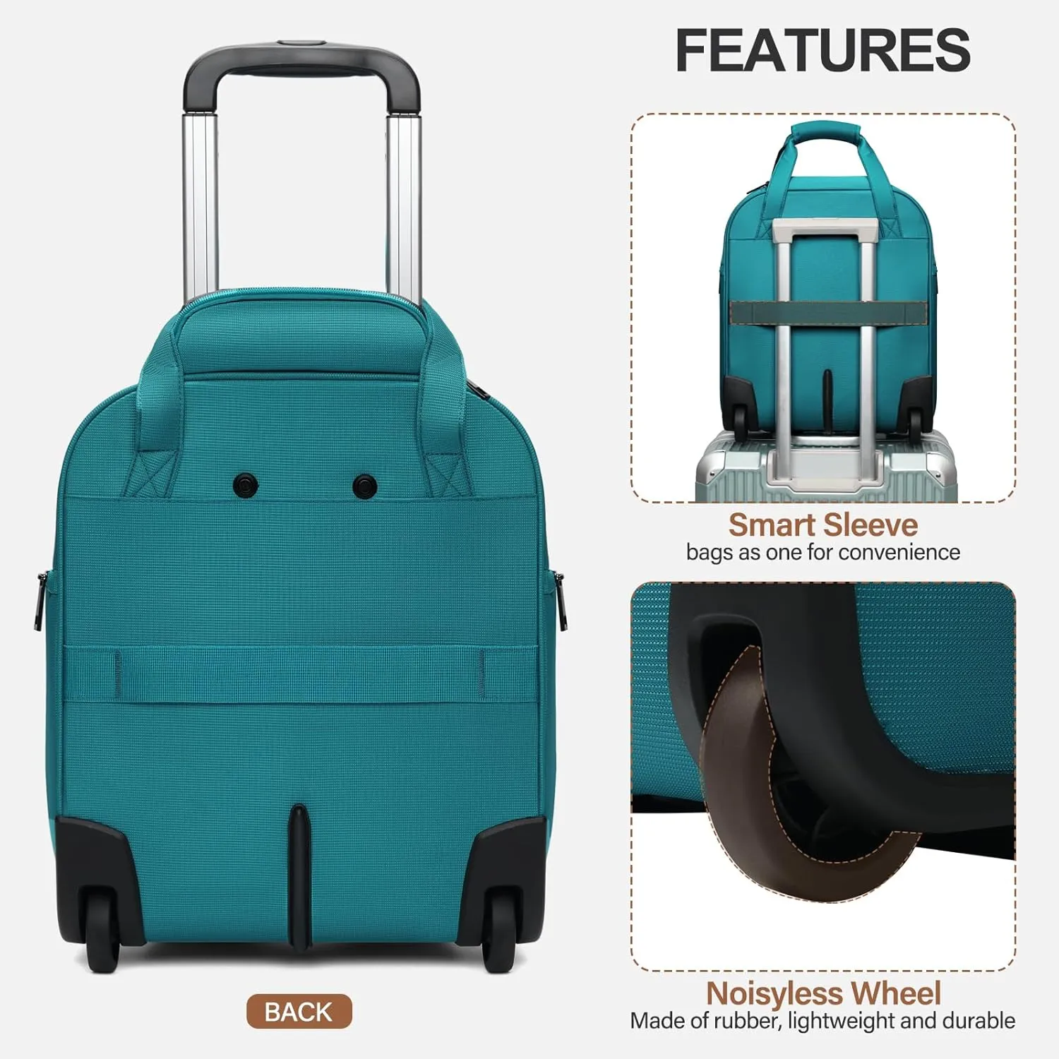Personal Item 16-Inch Underseat Carry on Luggage With Wheels Lightweight Wheeled Underseater under seat bags for airplanes Upright 2 Wheel,Boy and Girl,Teal Green