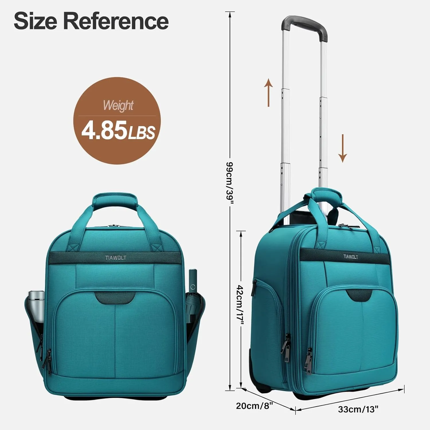 Personal Item 16-Inch Underseat Carry on Luggage With Wheels Lightweight Wheeled Underseater under seat bags for airplanes Upright 2 Wheel,Boy and Girl,Teal Green