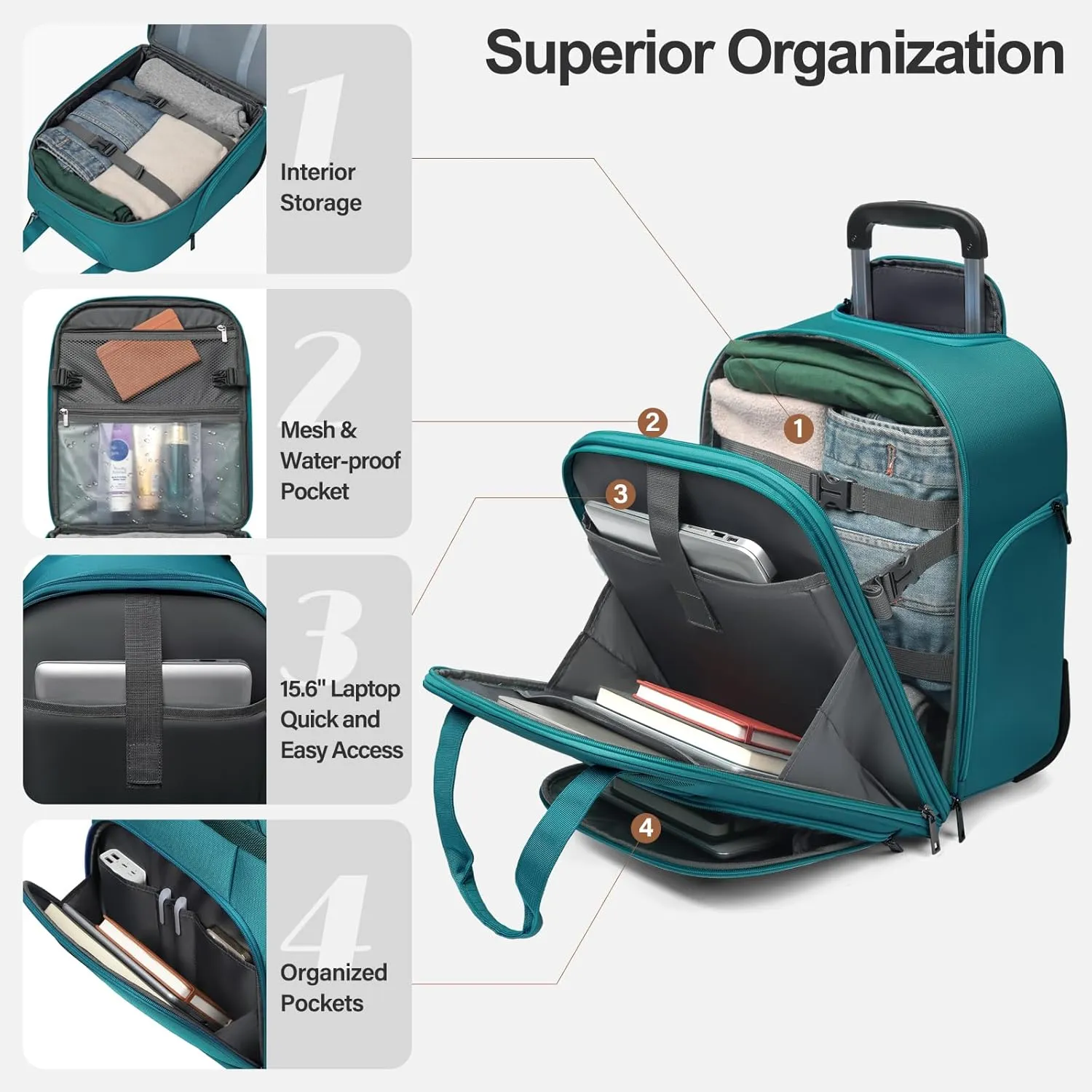 Personal Item 16-Inch Underseat Carry on Luggage With Wheels Lightweight Wheeled Underseater under seat bags for airplanes Upright 2 Wheel,Boy and Girl,Teal Green