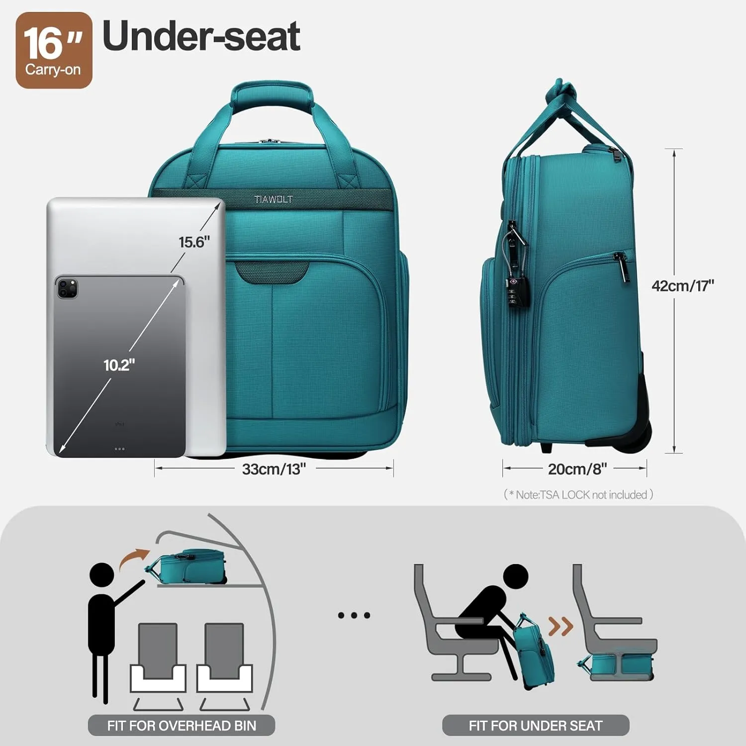 Personal Item 16-Inch Underseat Carry on Luggage With Wheels Lightweight Wheeled Underseater under seat bags for airplanes Upright 2 Wheel,Boy and Girl,Teal Green